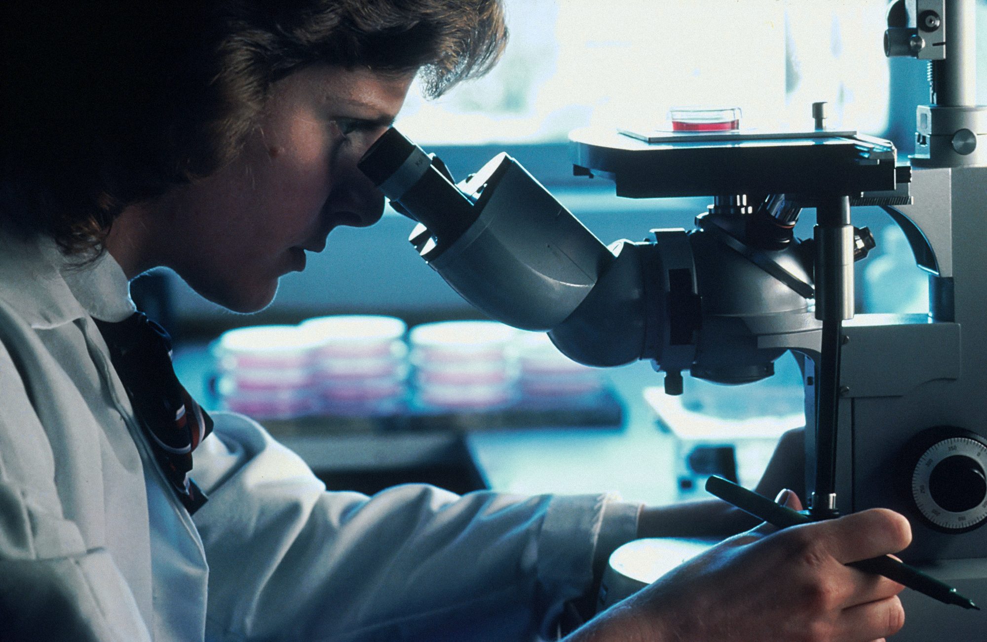 A scientist at a microscope