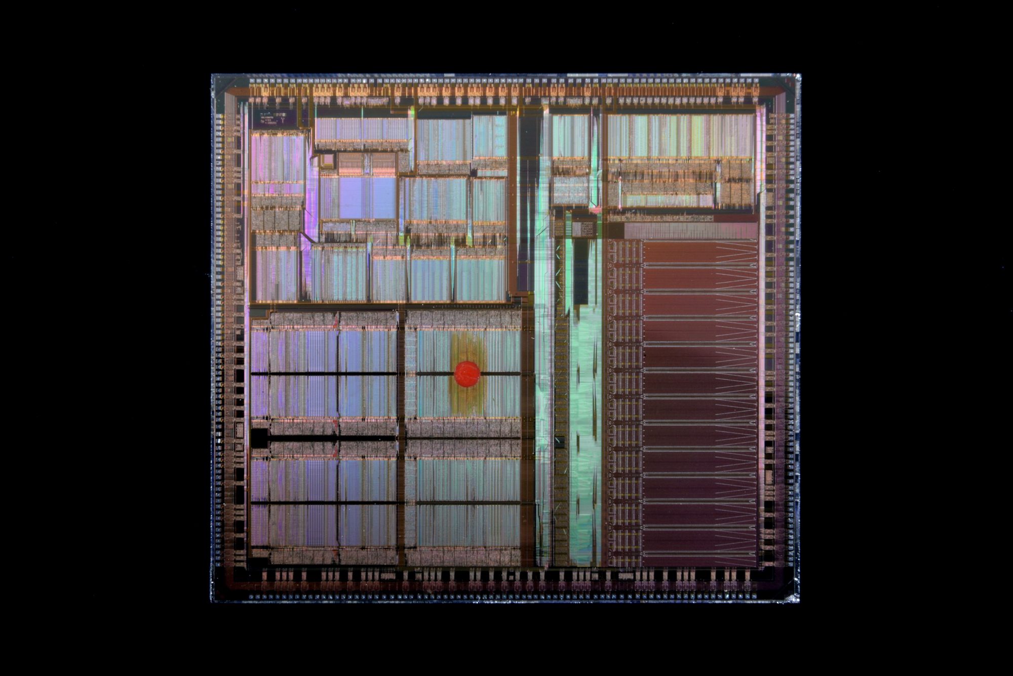 A silicon die under magnification
